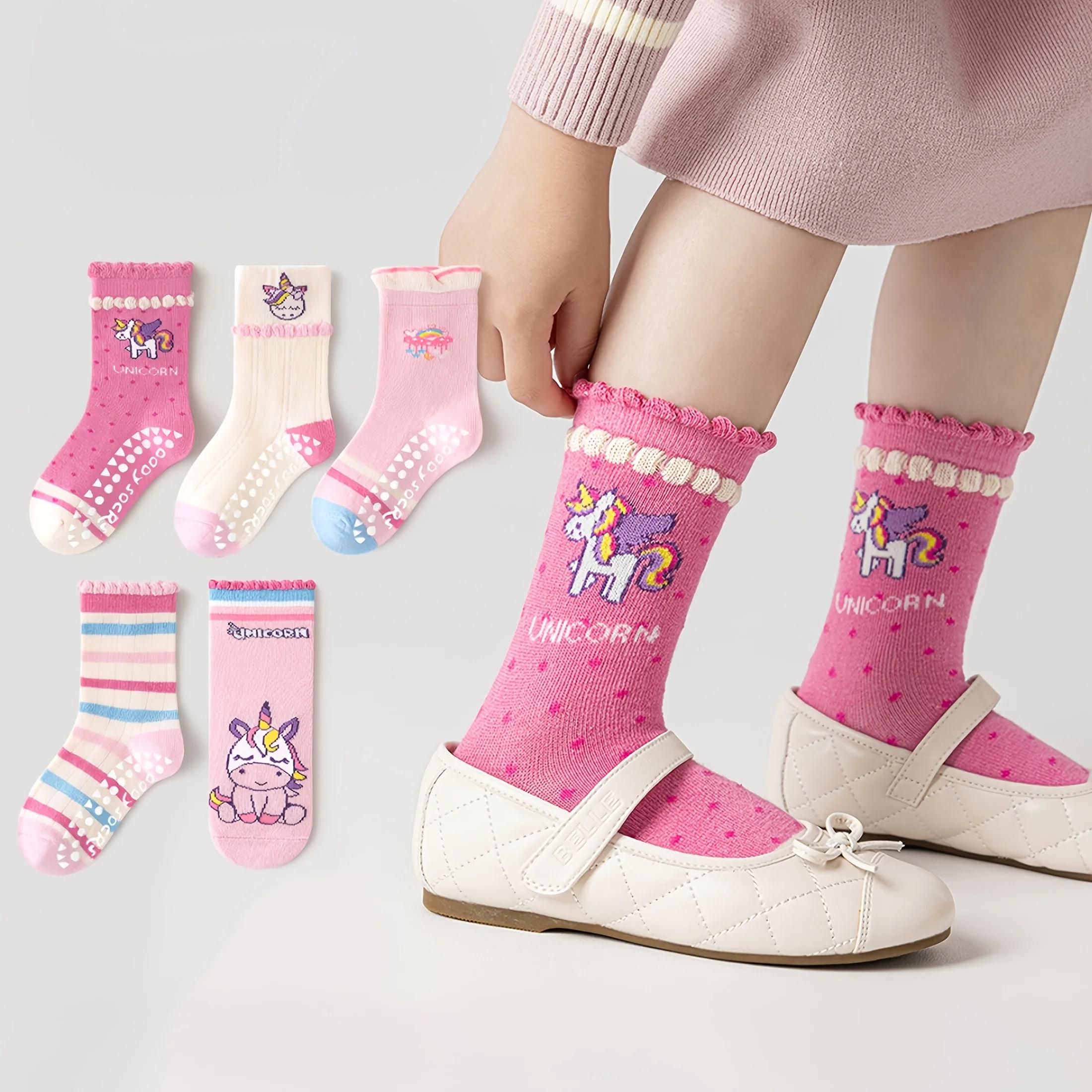 Lot de 5 chaussettes à pois pour enfants avec motif licorne arc-en-ciel et bordure en dentelle, adap
