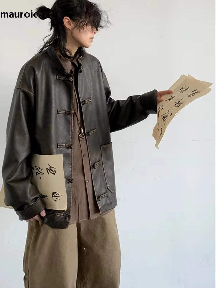 Mauroicardi-Veste en cuir PU vintage pour homme, design de luxe élégant, vêtements de style chinois,
