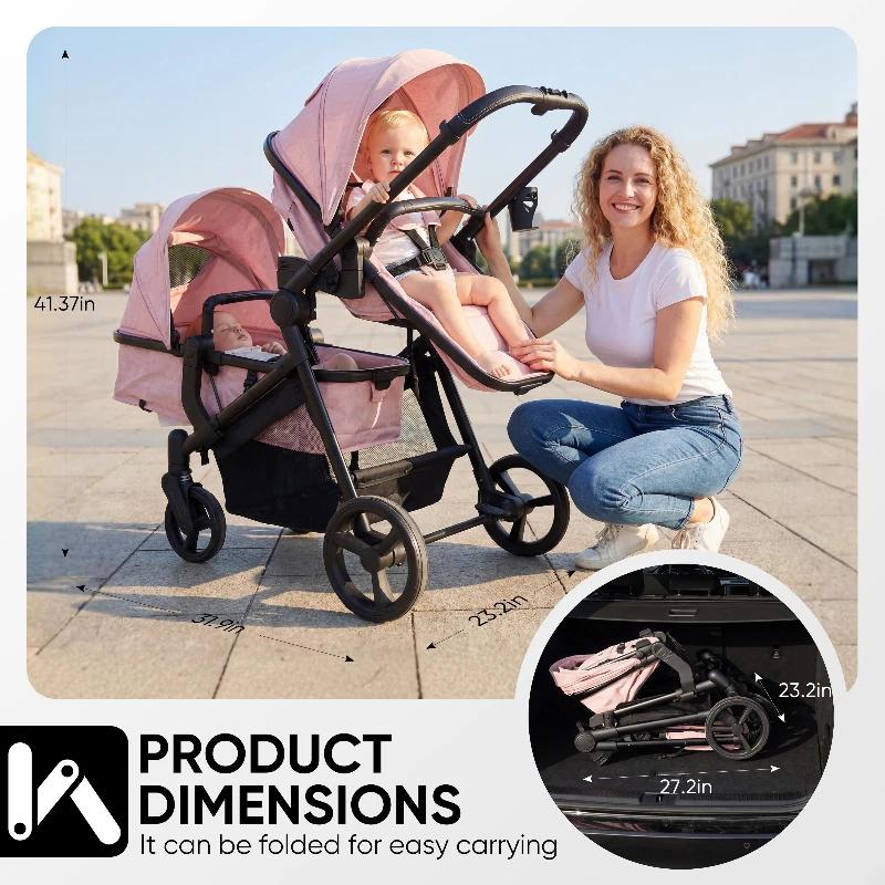Nouvelle poussette double haute visibilité 2026, poussette portable avec sièges avant et arrière rég