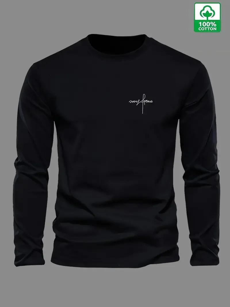 T-shirt à manches longues et col rond pour hommes, 100% pur coton, ample et confortable, sport et lo