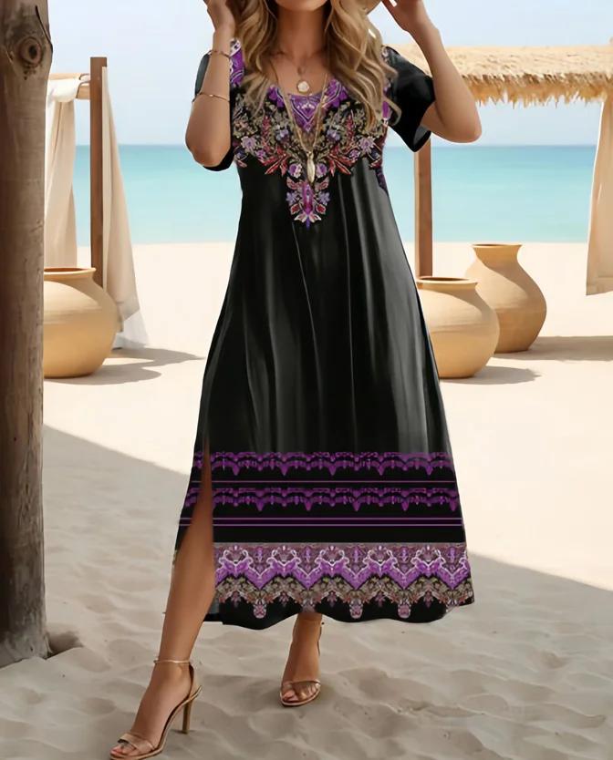Robe ethnique bohème à imprimé floral, décontractée, vacances, manches courtes, grande taille