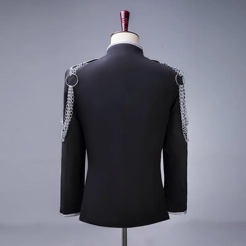 Blazer militaire noir avec chaîne argentée pour hommes, veste de spectacle de magicien pour chanteur