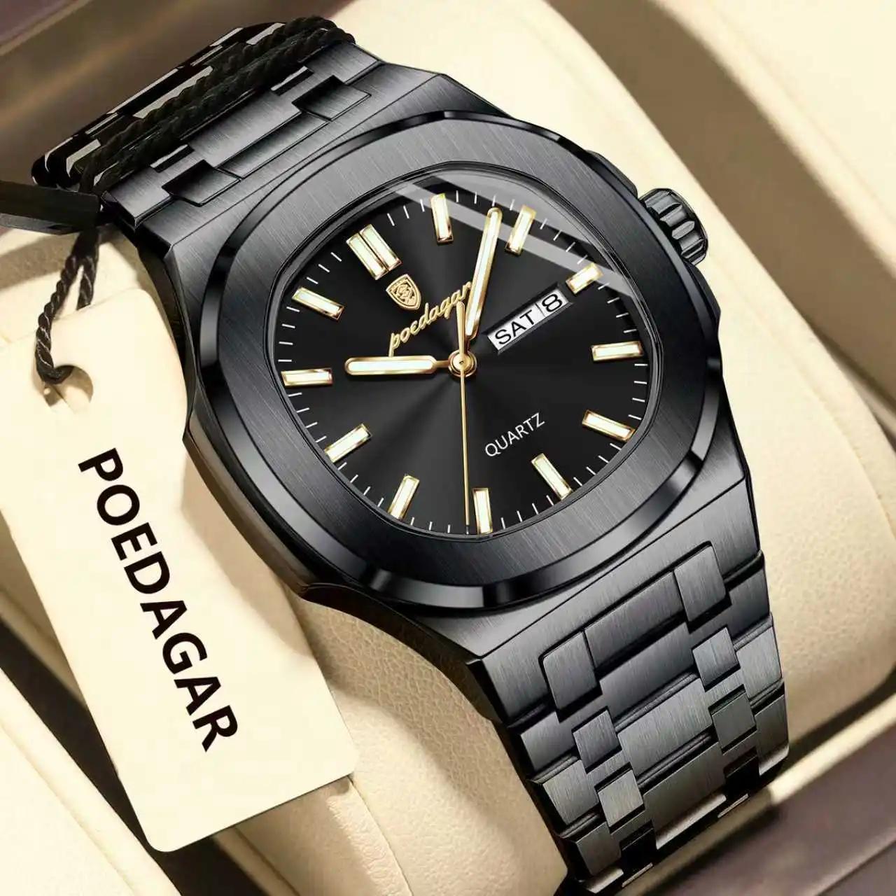 POEDAGAR luxe carré hommes montres étanche lumineux Date semaine hommes montre en acier inoxydable m