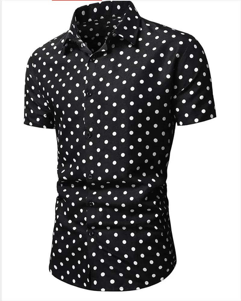 Chemise homme été plage chemise noir et blanc manches courtes à pois revers vêtements de vacances à