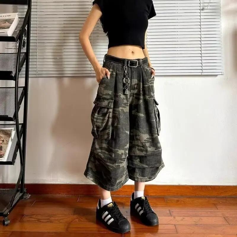 Style américain denim vintage couteau incurvé style pantalon court en détresse camouflage pantalon d