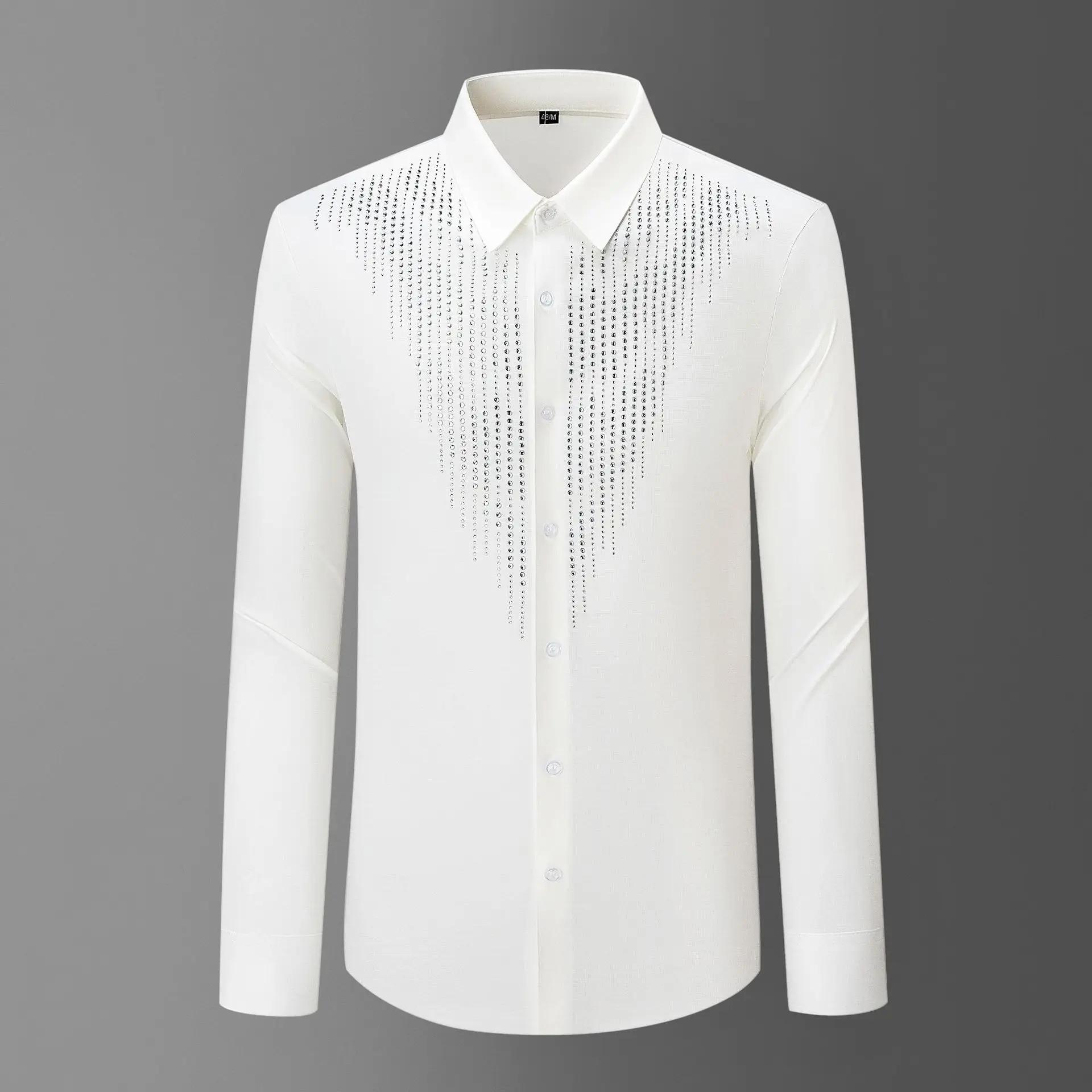 Chemise de luxe à manches longues avec strass pour hommes, robe de soirée pour Banquet social, burea