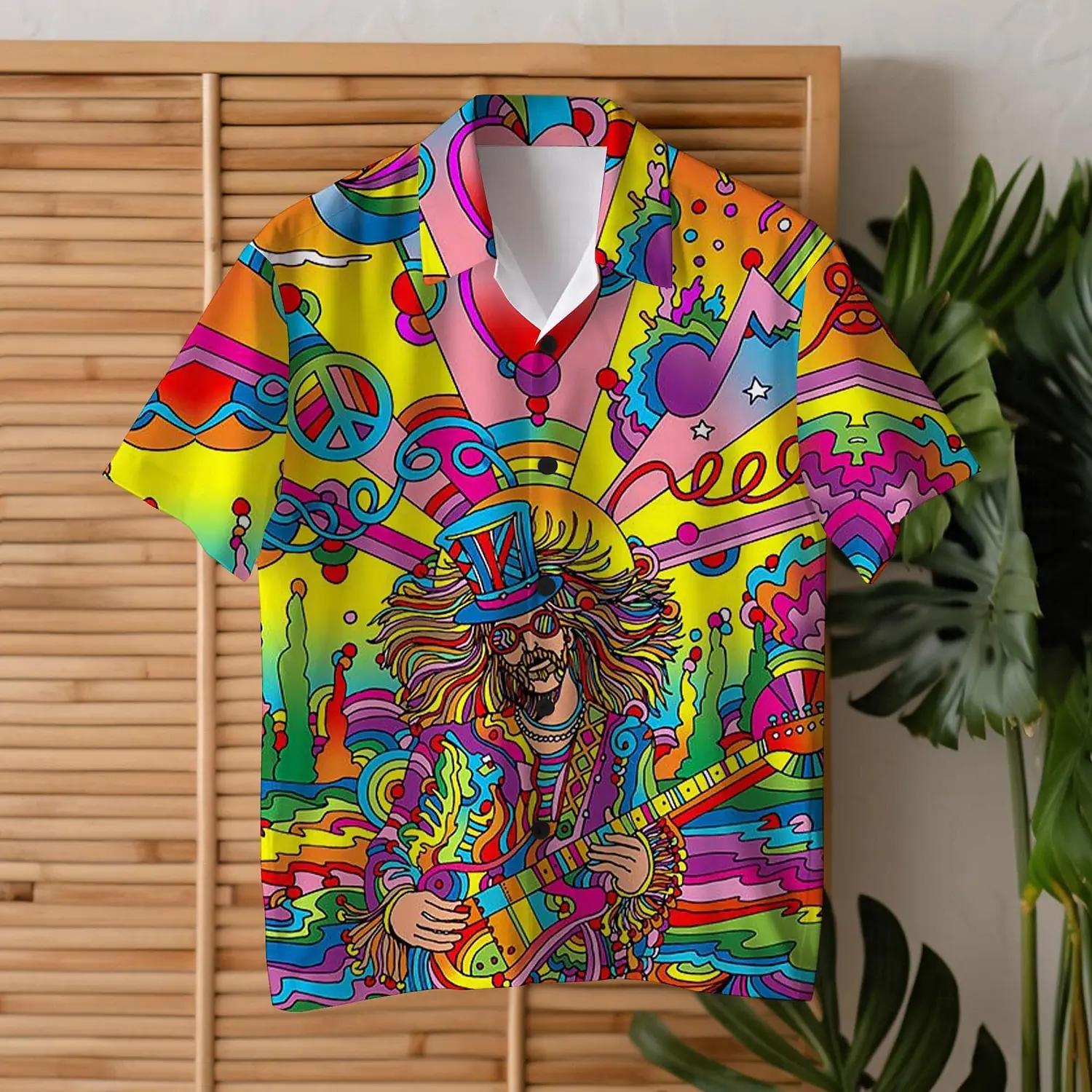 Chemise Hippie pour hommes, guitare colorée, usage quotidien, pour sortir du week-end, col cubain, m