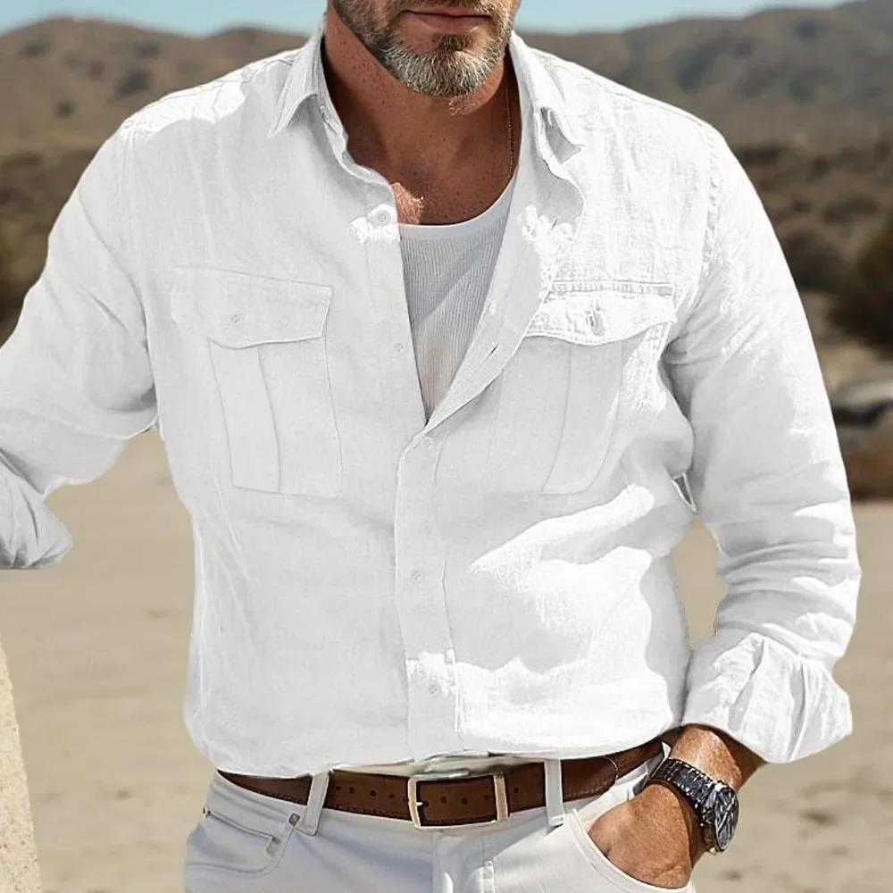 Chemises décontractées en coton et lin pour hommes, chemises hawaïennes respirantes, couleur unie, S