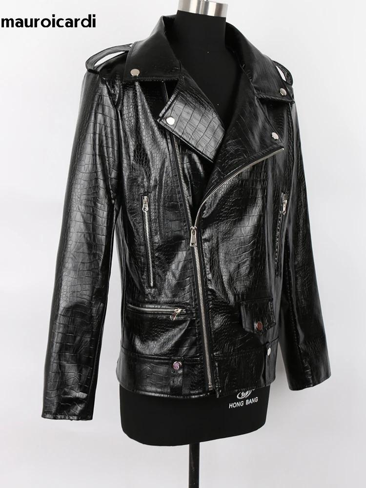 Mauroicardi-Veste de motard en similicuir à motif crocodile rouge pour homme, manches longues, ferme