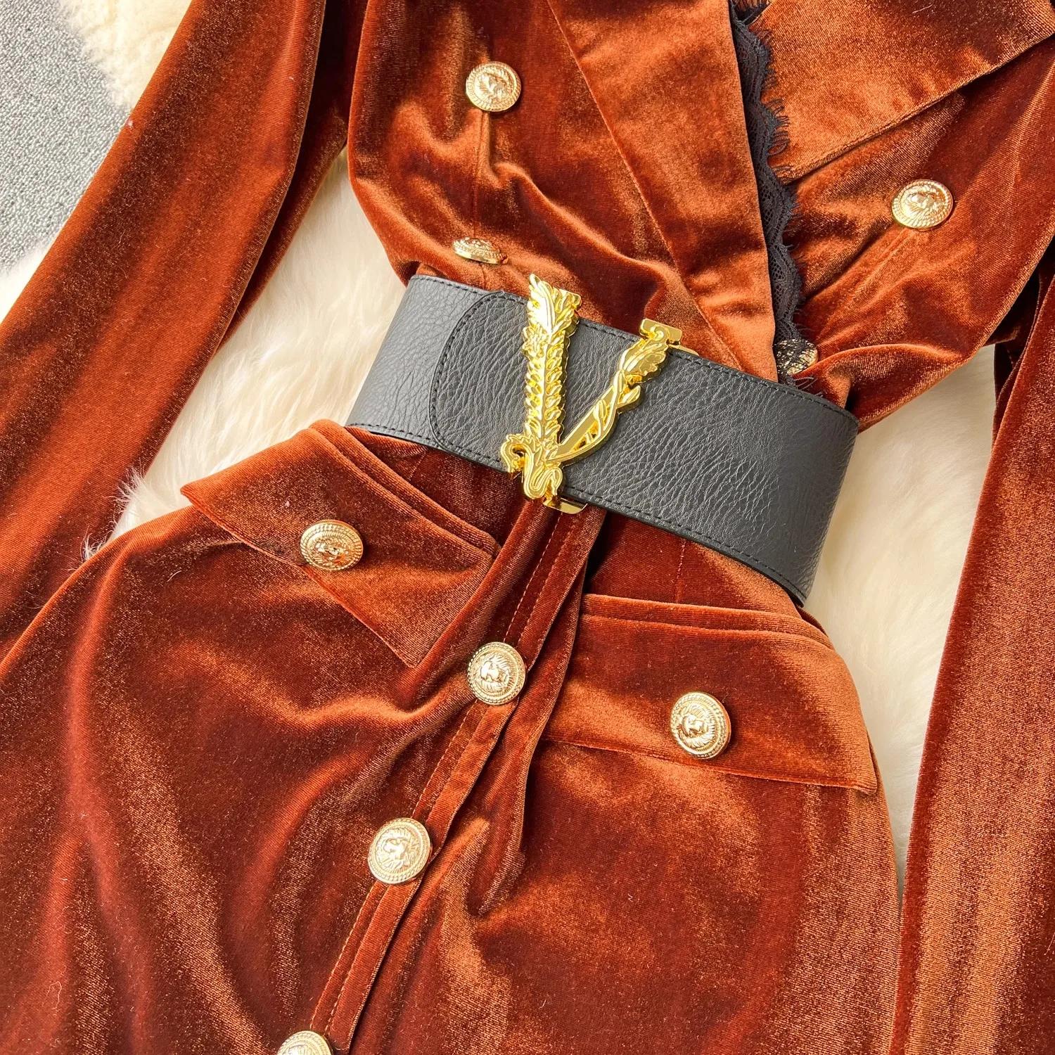 Robe en velours pour femmes, élégante, col en v, manches longues, mode, boutons moyens, gaine fendue