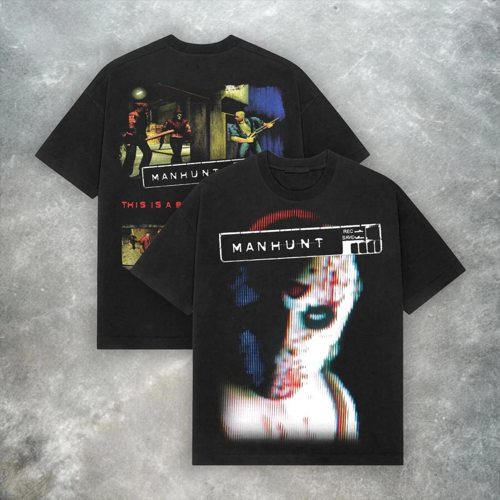 Manhunt Retro Y2K T-shirt American Street Wear pour hommes et femmes, haut ample et décontracté à co