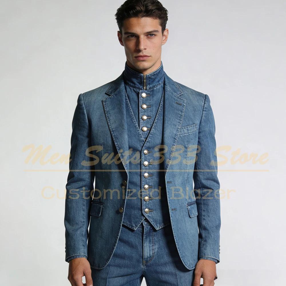 Costumes sur mesure pour hommes en denim, coupe ajustée, revers cranté, simple boutonnage, ensemble