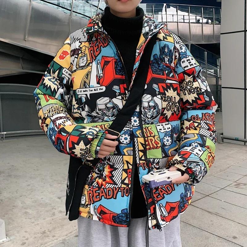 Hip Hop Graffiti dessin animé imprimé Parkas manteaux hommes Streetwear Harajuku hommes hiver épais