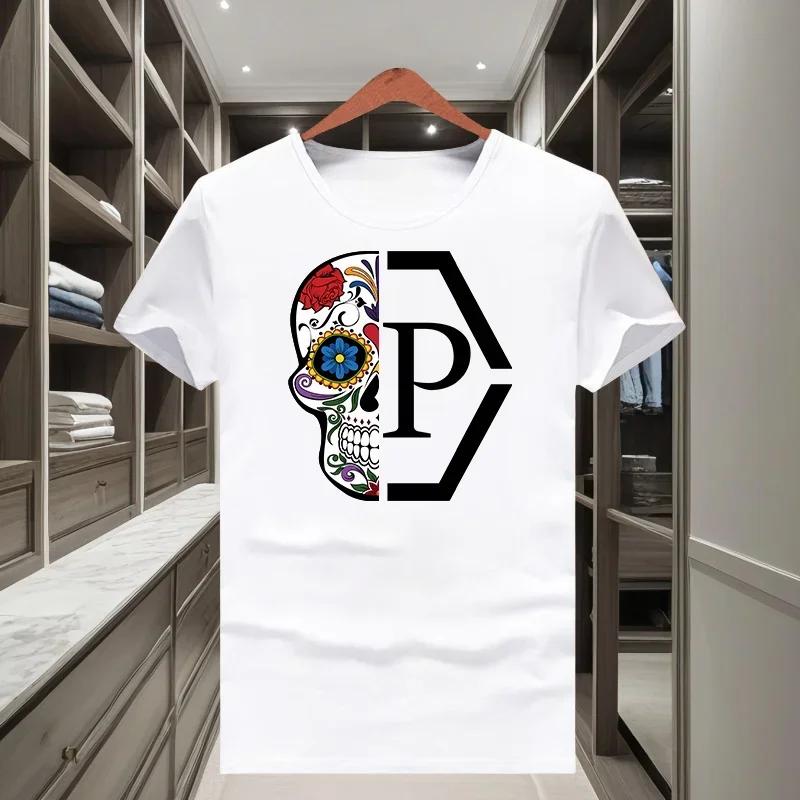 T-shirt classique tendance à col rond et manches courtes, imprimé demi-tête de mort et fleurs, pour