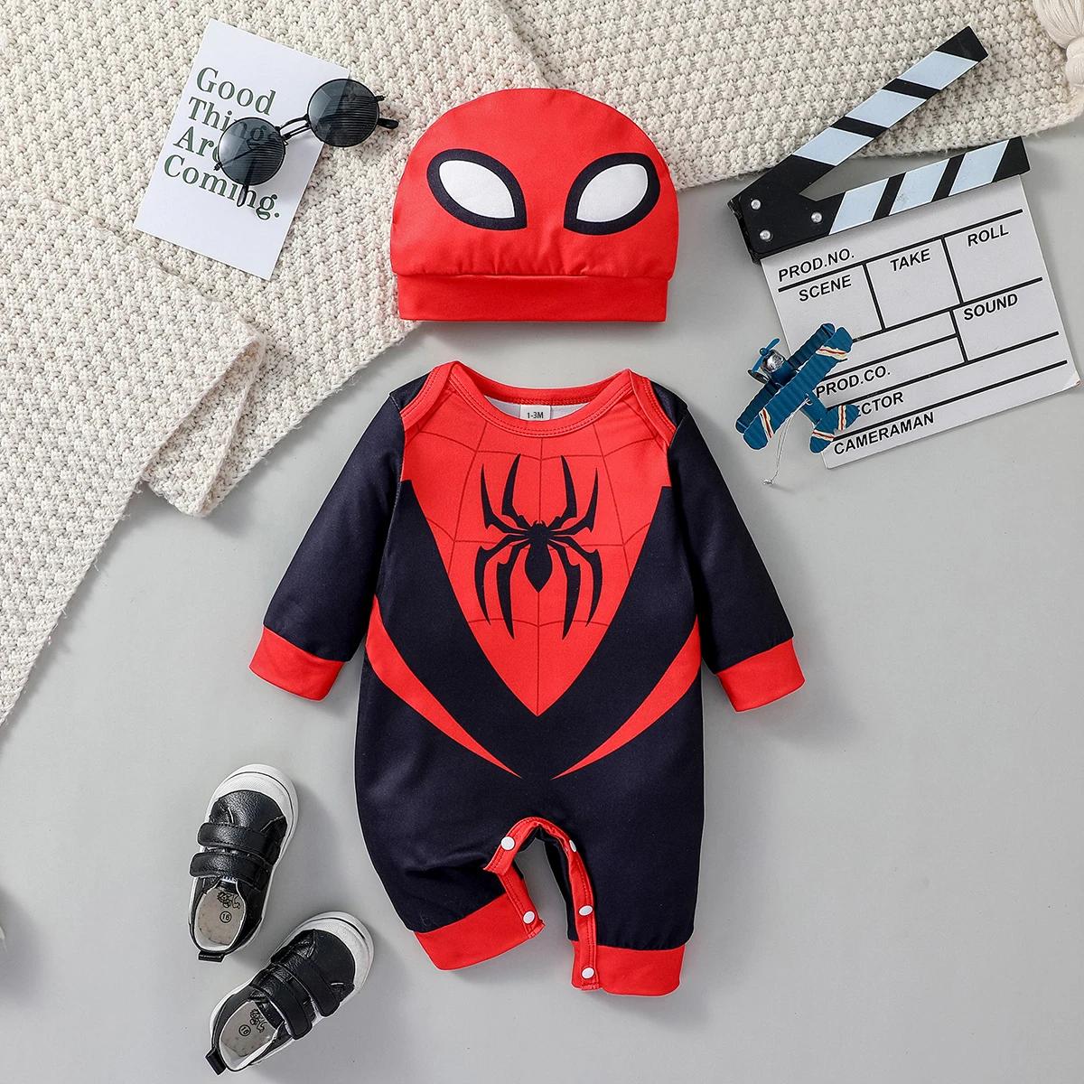 Combinaison Spider Cartoon à manches longues pour bébés garçons, nouveau style, mode cool, chapeau,