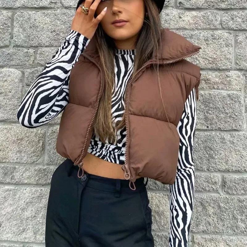 Gilet court sans manches pour femme, veste chaude à col montant avec fermeture éclair, manteaux cour