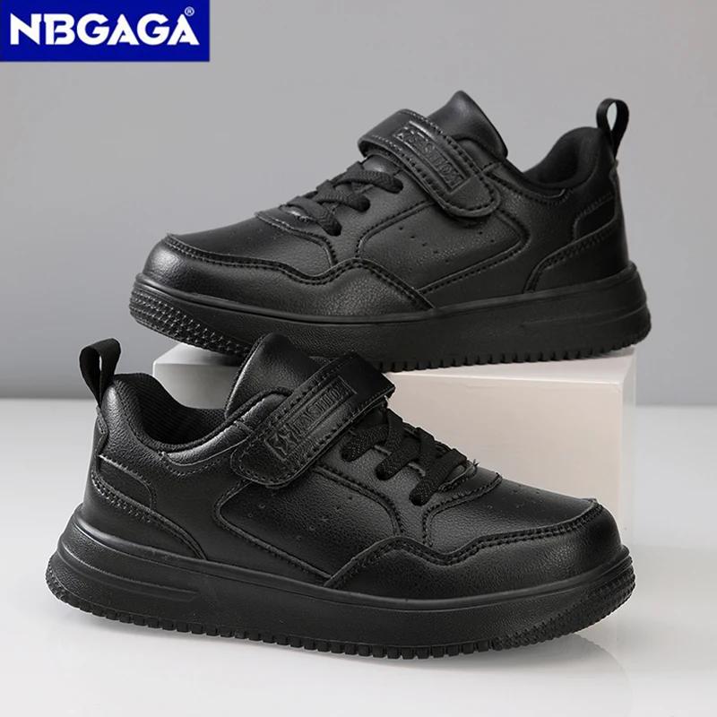 Chaussures de marche plates en cuir noir pour enfants, chaussures décontractées pour garçons et fill