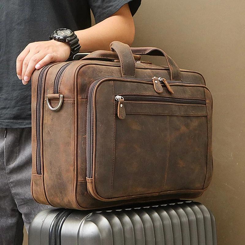 Porte-documents en cuir véritable de haute qualité pour hommes, sac d'affaires en cuir Crazy Horse,