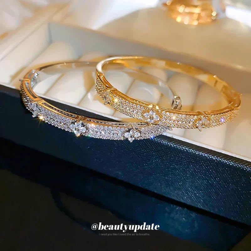 Bracelets de luxe en zircone cubique brillante pour femmes, plaqué or et argent, à la mode, pour fêt