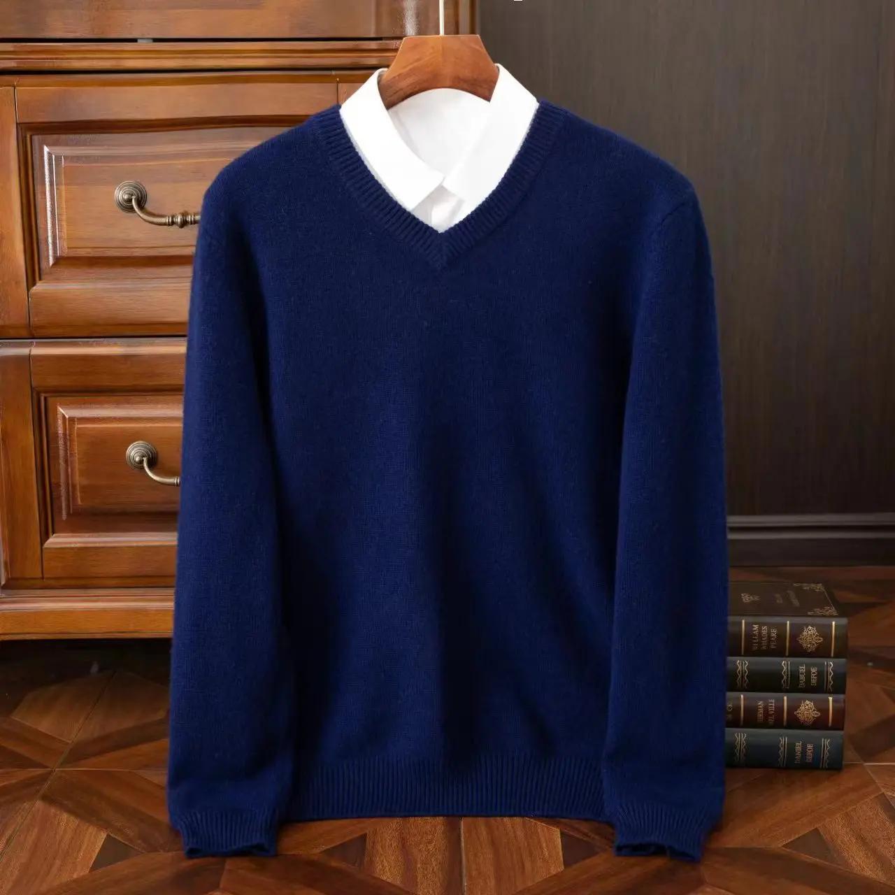 2025 hommes 100% laine mérinos cachemire col en v pull pull intelligent décontracté basique à manche