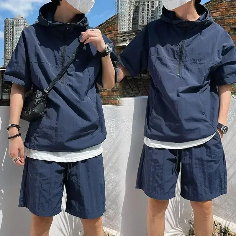 Ensemble de style cargo d'été pour hommes, sweat à capuche décontracté, t-shirt à manches courtes, s