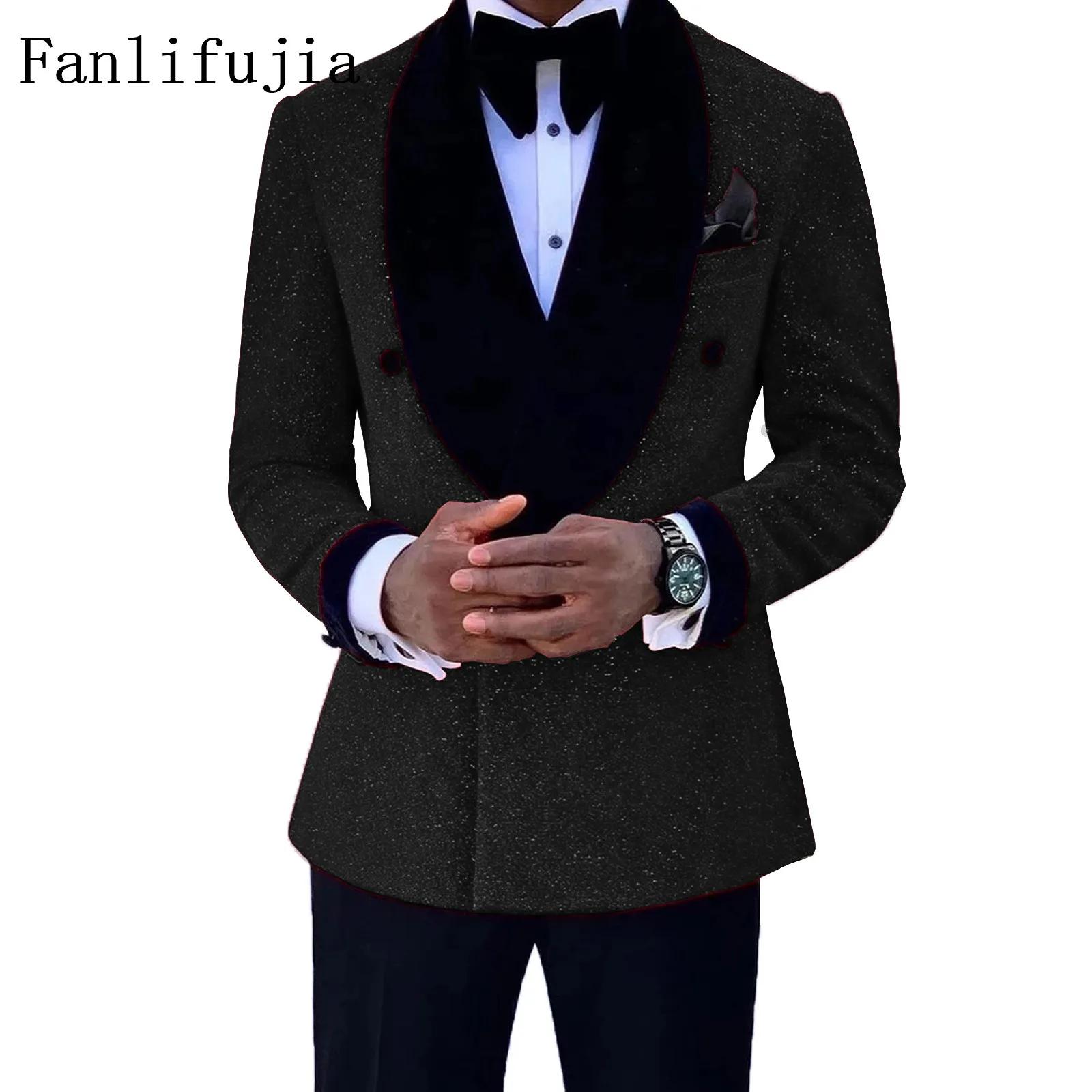 Fanlifujia luxe rouge paillettes costumes hommes marié mariage smoking Double boutonnage Blazer form
