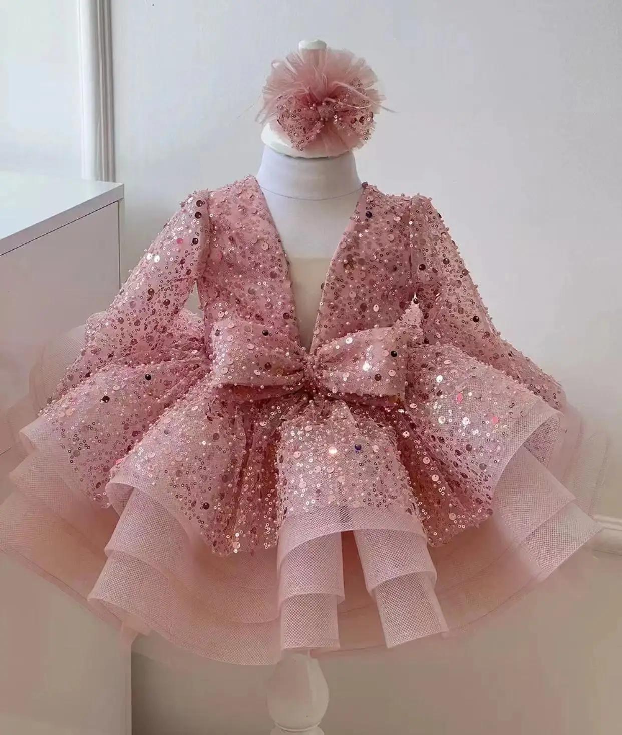 Robe à paillettes pour filles, élégante et unique, à fleurs, robe de soirée de mariage pour enfants,