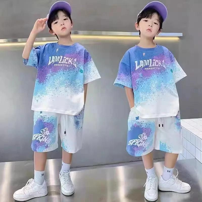 Ensemble ample et décontracté pour garçons, T-shirt + Short dégradé, 2 pièces, vêtements de Sport à