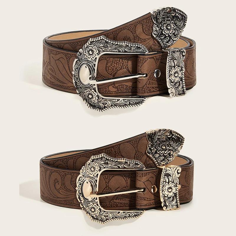 Ceinture Vintage en cuir PU marron occidental pour femme, ceinture de taille Cowgirl avec boucle en