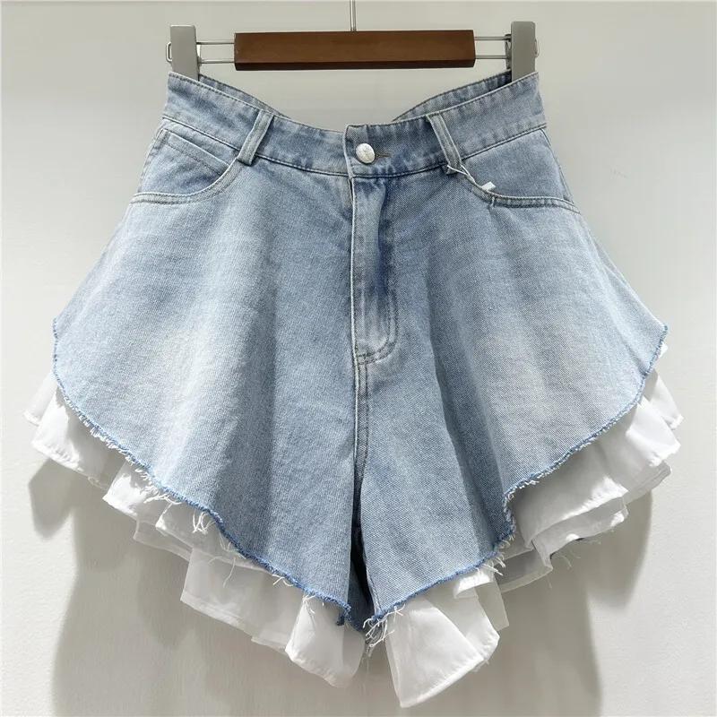 WTHT nouvelle mode femmes Patchwork ourlet lavage Denim Shorts 2025 été à la mode taille haute a-lig