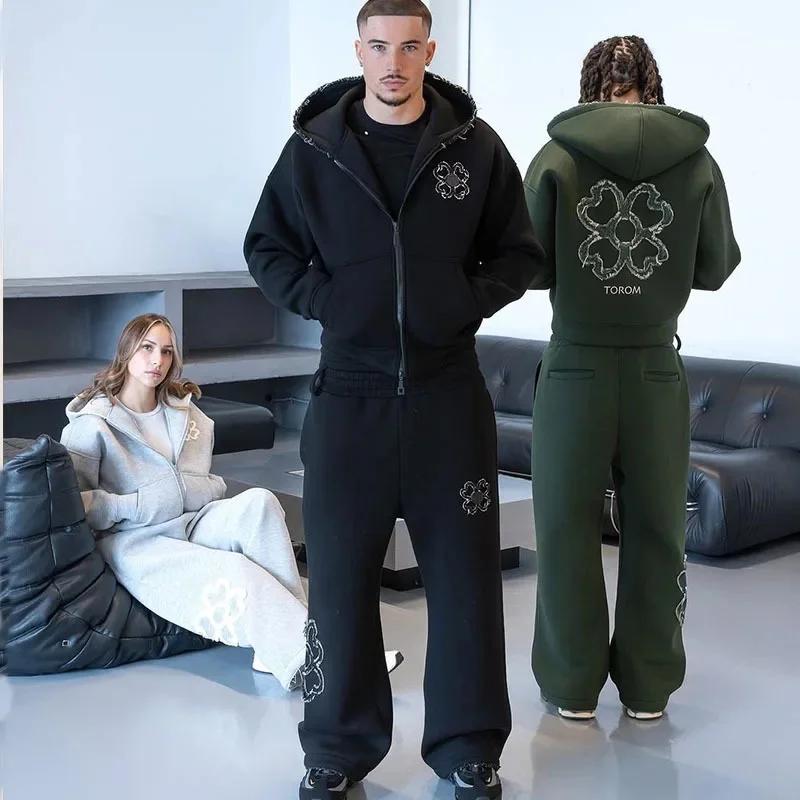 Ensemble survêtement homme printemps-automne, sweat à capuche zippé avec applique trèfle à quatre fe