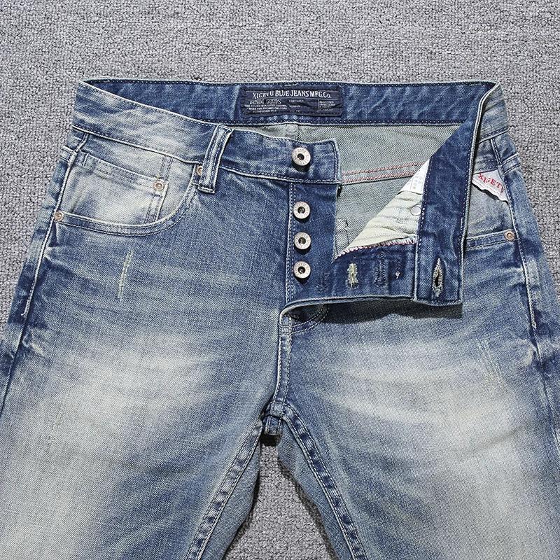 Jeans italiens de créateur pour hommes, coupe slim, style rétro, bleu délavé, brodés, haute qualité,