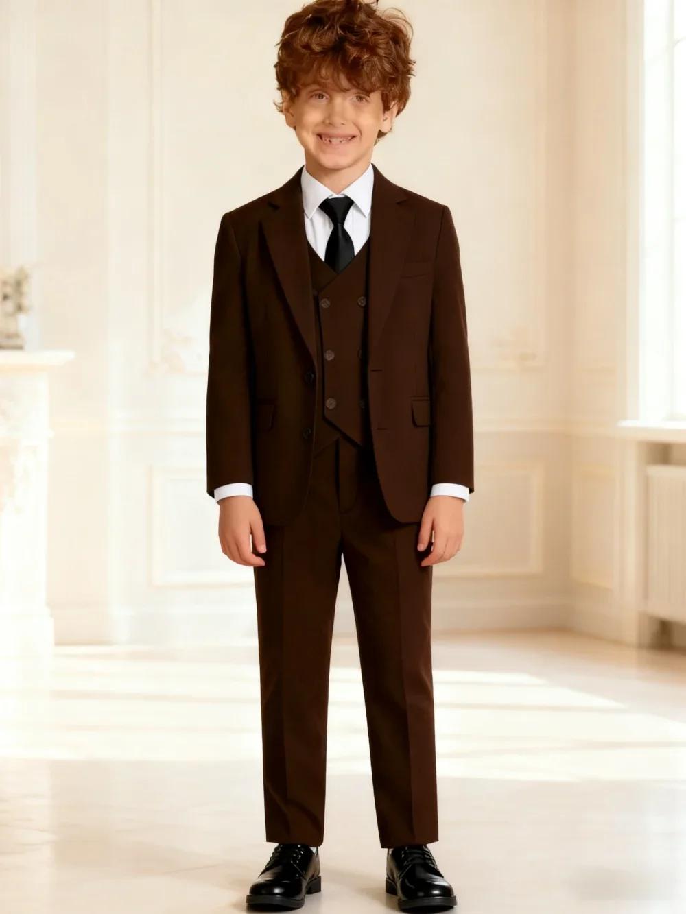 Ensemble de costume formel 4 pièces marron pour enfants, costume de cérémonie pour garçons, blazer c