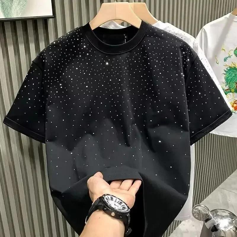 Été hommes vêtements été strass Rivet T-shirt col rond T-shirt style décontracté Version coréenne ho