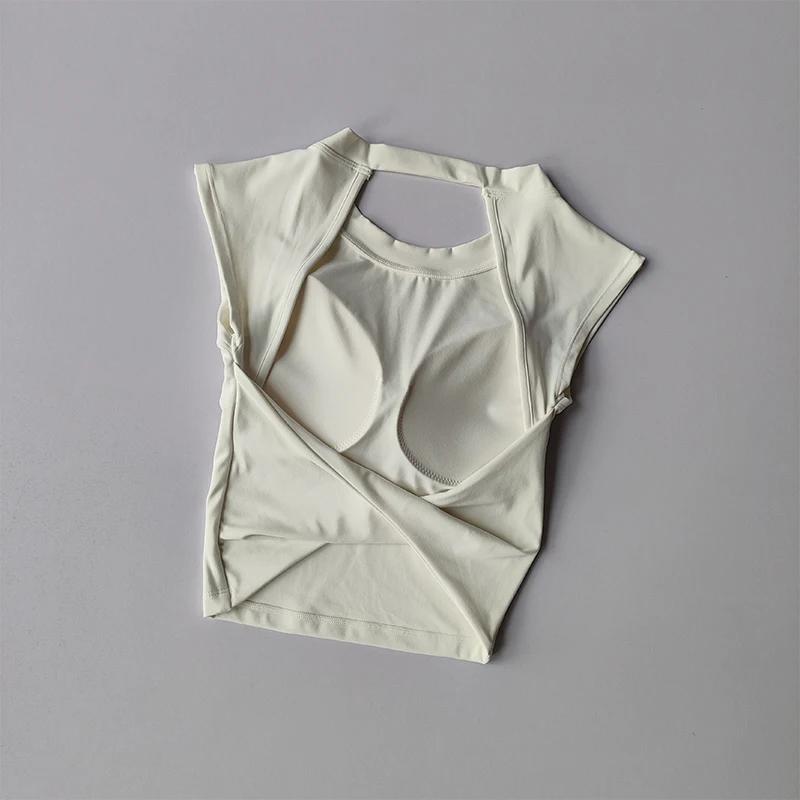 T-shirt de sport dos nu sexy pour femme, coussretours de poitrine, glaçure couvertes, séchage rapide