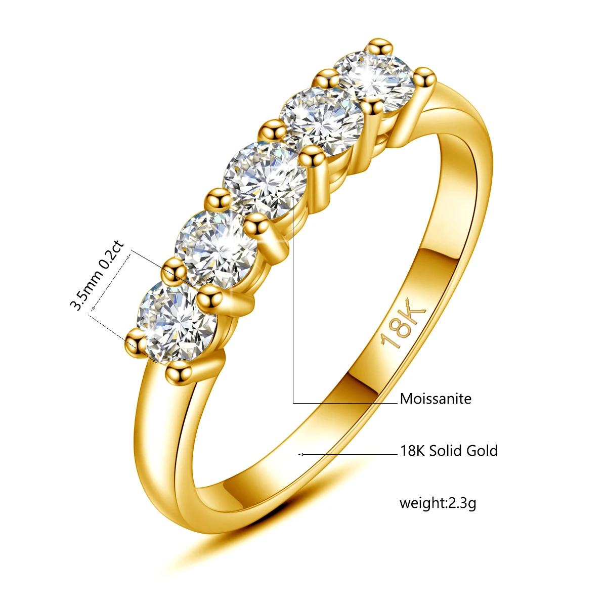 Bague Moissanite en or massif 18K pour femmes, 5 pierres AU 750, bijoux de luxe avec timbre, cadeau