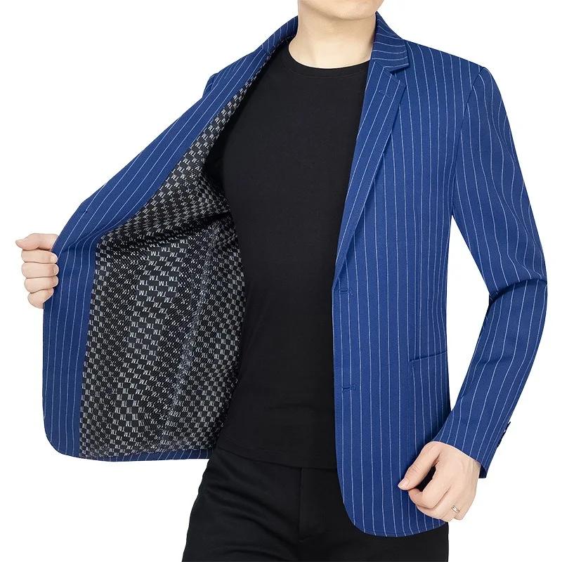 Blazer Homme Printemps-Automne Rayé Fin Col Rabattu Veste de Costume Respirante à Manches Longues av