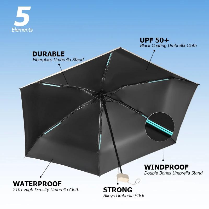 Mini parapluie solide Double os, Protection UV, Six plis, pluie et brillance, coupe-vent, portable,