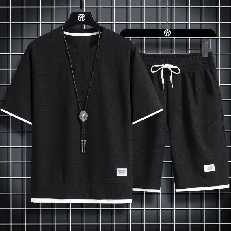 Ensemble de sport d'été pour hommes, T-Shirt + Short décontracté, couleur unie gaufrée, Short à manc
