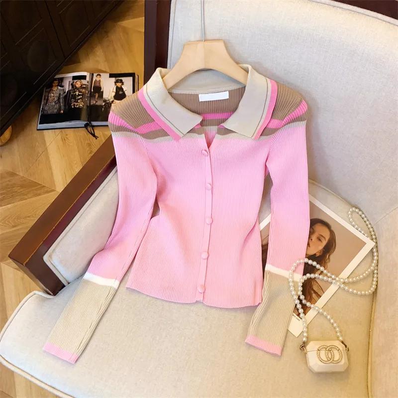  Cardigan ajusté doux en tricot, Style Blazer rose élégant, col contrasté, vêtements de bureau po