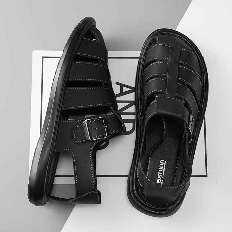 Sandales d'été en cuir de haute qualité pour hommes, chaussures romaines décontractées, chaussures d