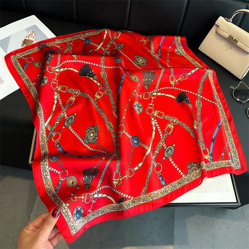 Petite écharpe carrée imprimée chaîne de luxe, fausse soie, foulard de cou fin, mode protection sola