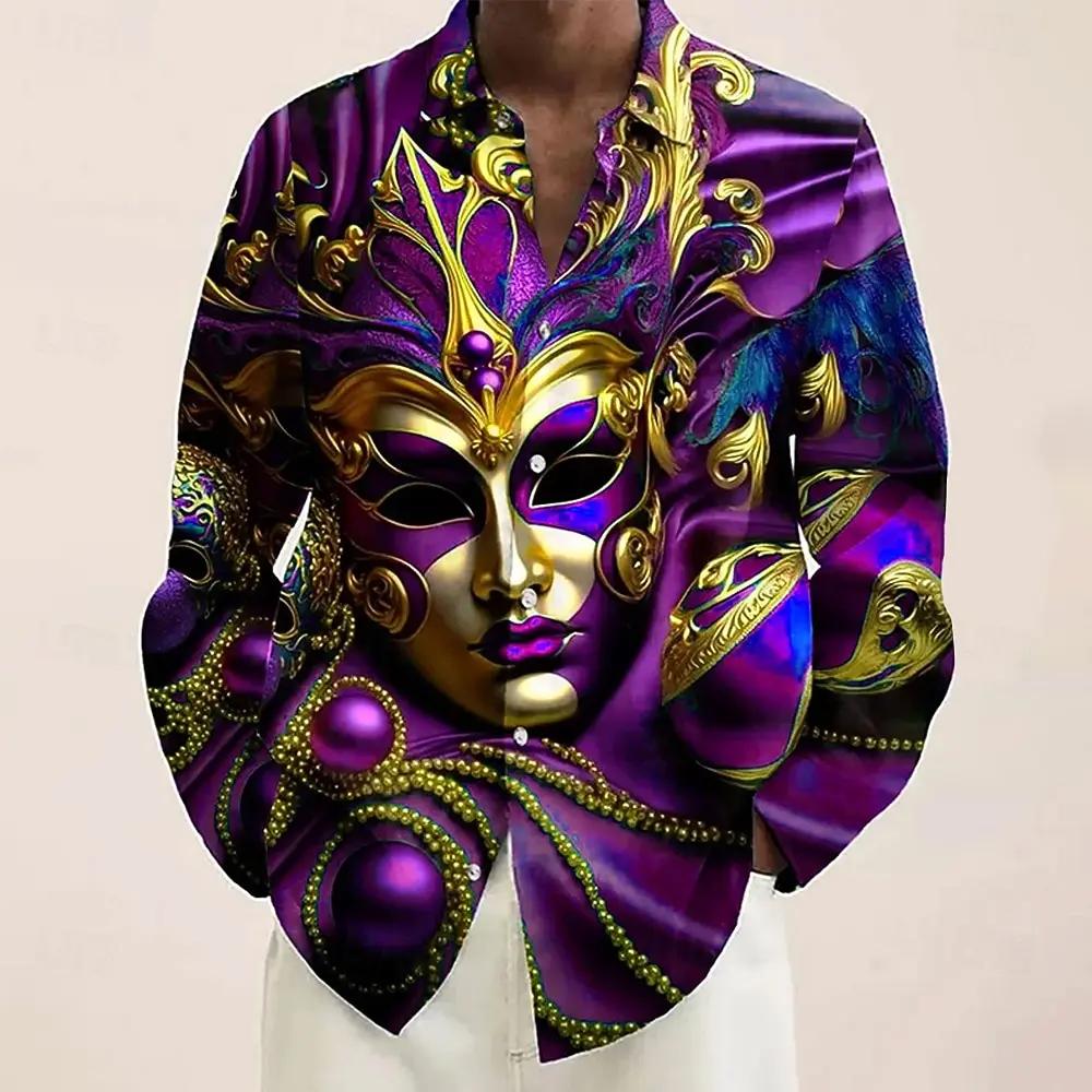 Mardi Gras hommes masque carnaval perles chemise boutonnée chemise à manches longues mode décontract