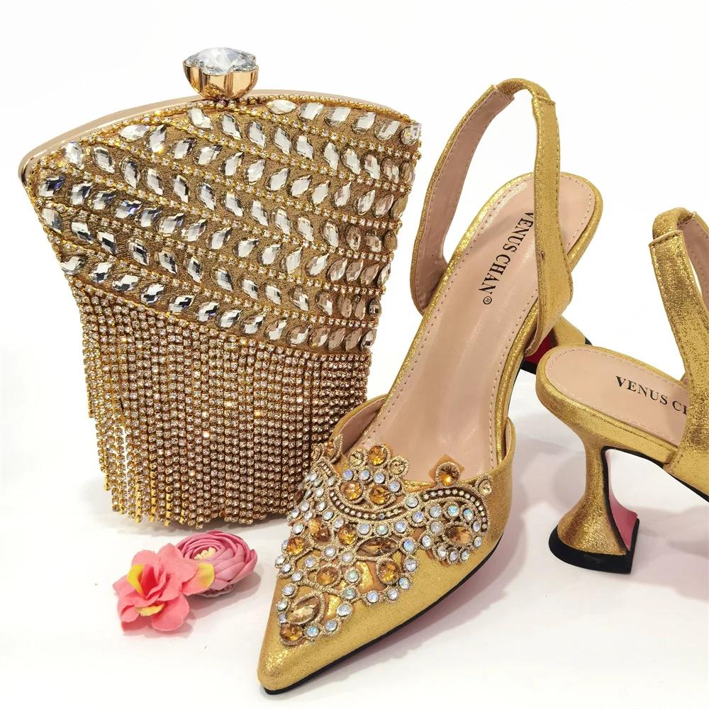 Ensemble de sac et chaussures assortis pour femmes, chaussures pointues, Parker, design évidé, or, m