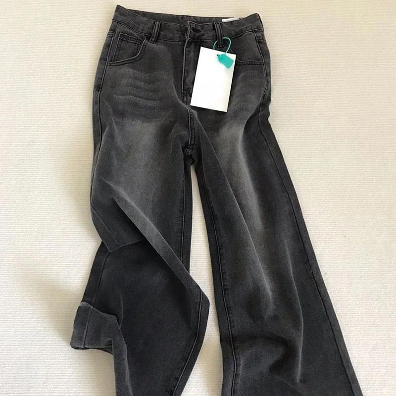 Jean taille haute rétro noir gris pour femme, pantalon en Denim à jambes droites, coupe ample, fin,