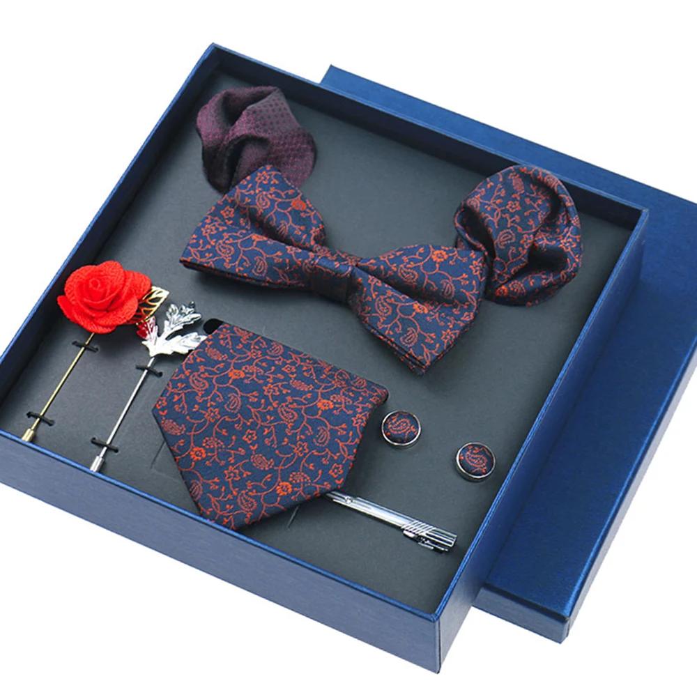 Ensemble de 8 pièces d'affaires, cravates bleues pour hommes, broches florales, boutons de manchette
