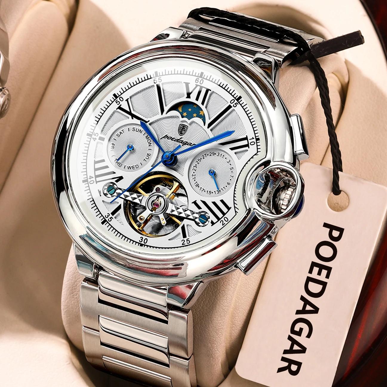 POEDAGAR luxe affaires homme montre Date semaine acier inoxydable Tourbillon hommes horloge étanche