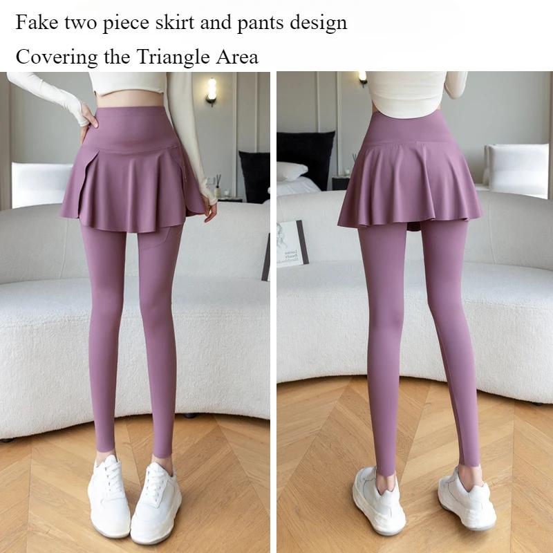 Faux Leggings deux pièces pour femmes, Leggings de Fitness sans couture, taille haute avec poche éla