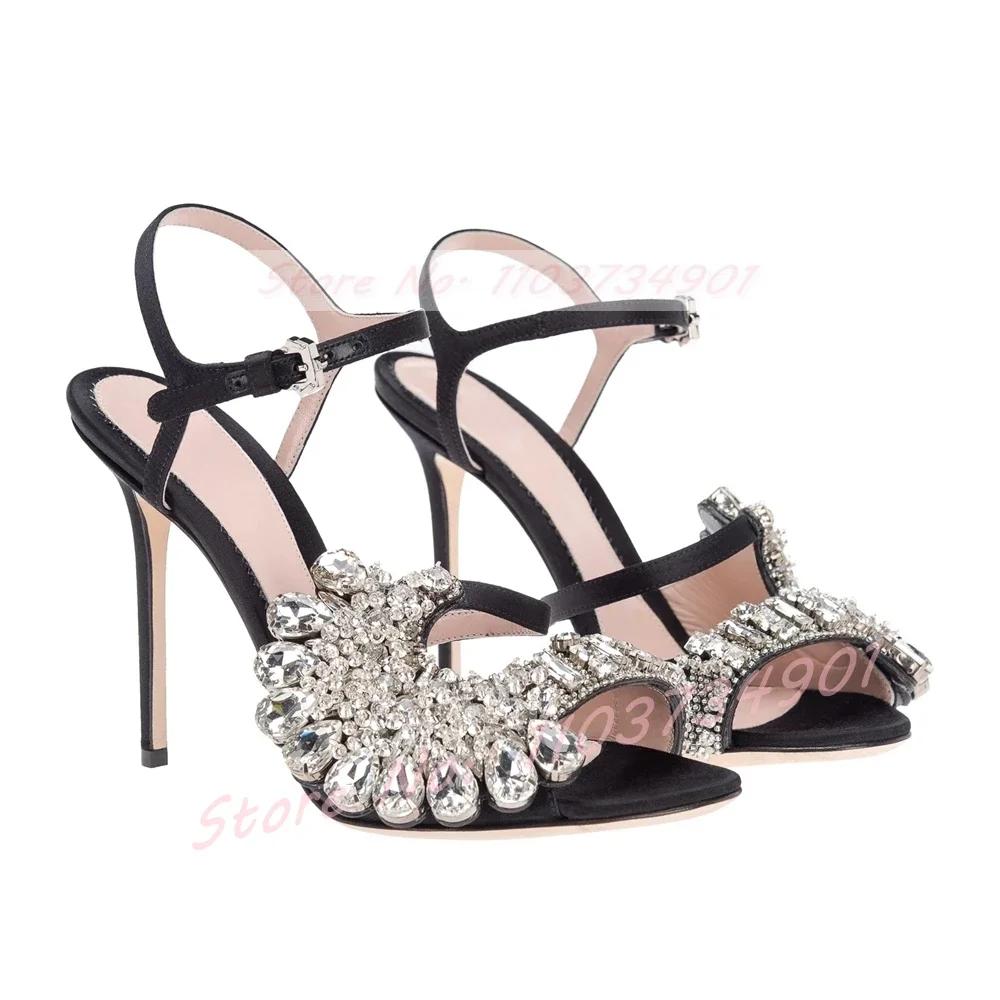 Bout ouvert cristaux fleur sandales femmes mariage luxe bride à la cheville bout rond talons aiguill