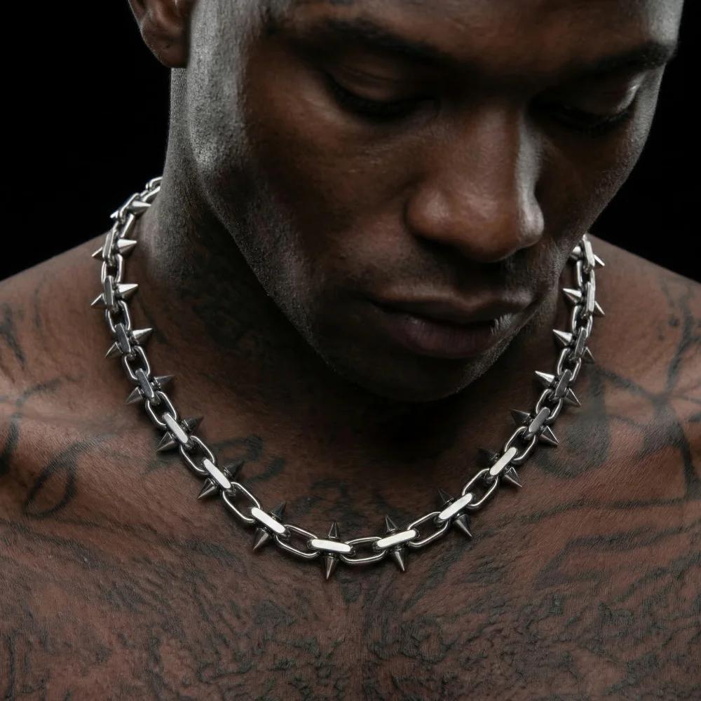 Colliers à pointes en acier titane, style hip-hop gothique punk, collier à chaîne barbelée, pour hom